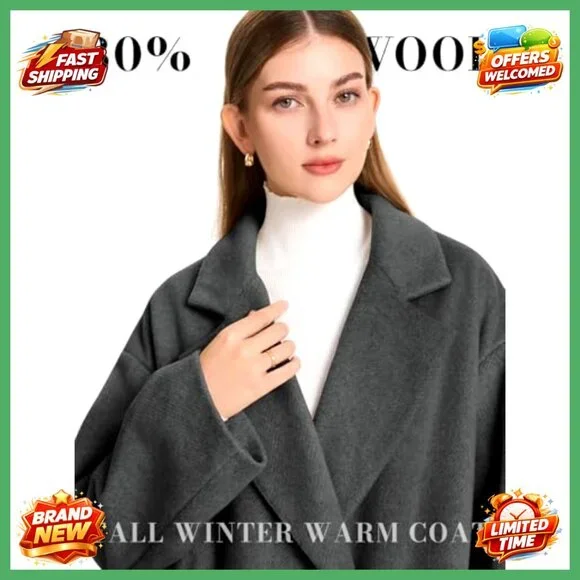 Wool Blend Mid-Length Peacoat, Single-Breasted, Office Casual Outerwear